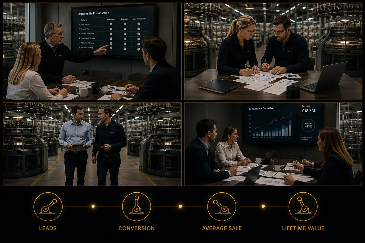 Leadership teams working through the four growth drivers: leads, conversion, average sale and lifetime value