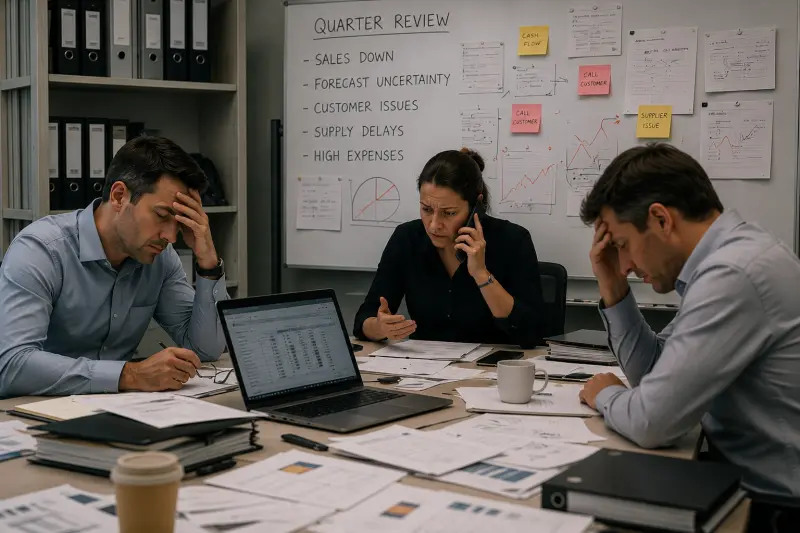 Stressed team working reactively around a cluttered table